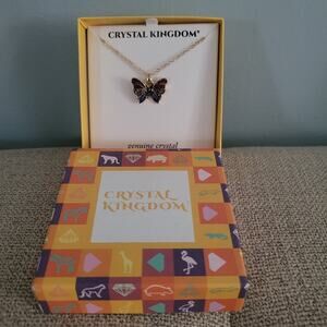 Crystal Kingdom Butterfly Pendant Necklace 15-17" Chain in Box Gold Tone